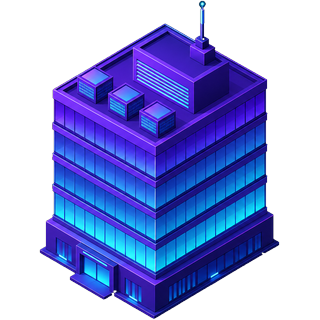 Prédio corporativo azul e roxo — orçamento personalizado acima de 100 usuários