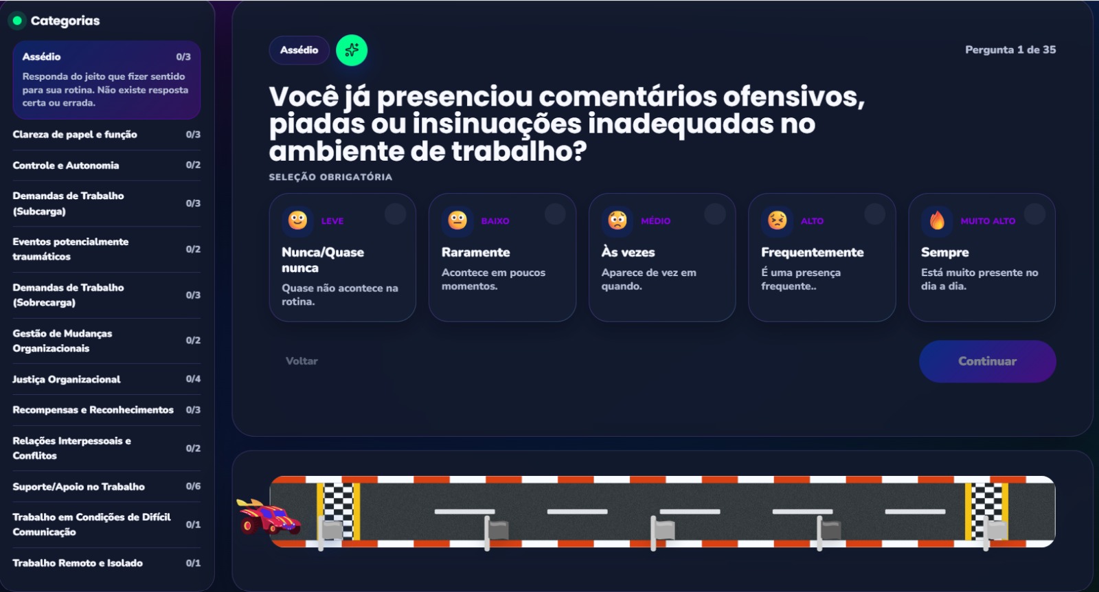 Questionário gamificado da Gamefic para NR-1 — perguntas visuais com opções de resposta e trilha de progresso